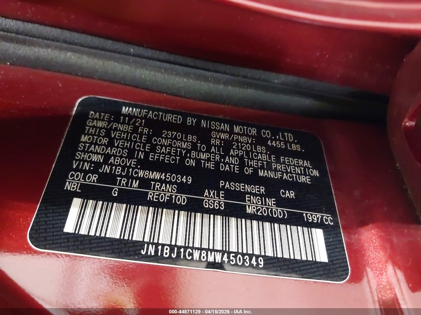 2021 Nissan Rogue Sport Sl Awd Xtronic Cvt VIN: JN1BJ1CW8MW450349 Lot: 44871129