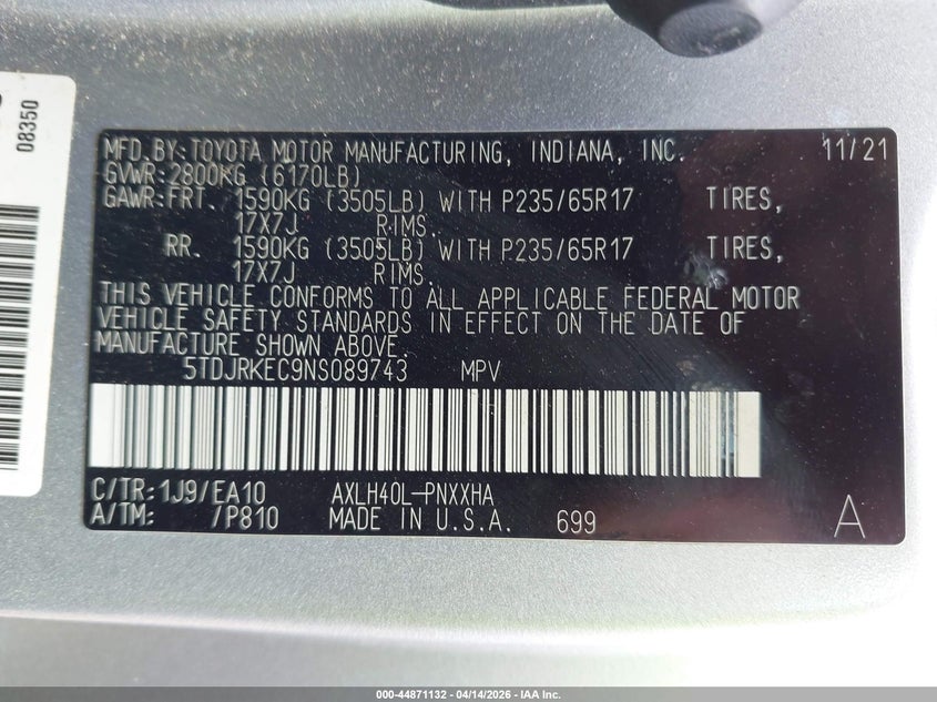 2022 Toyota Sienna Xle VIN: 5TDJRKEC9NS089743 Lot: 44871132