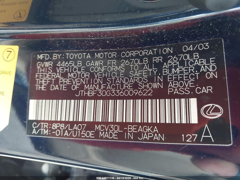 2003 Lexus Es 300 VIN: JTHBF30G336009622 Lot: 44871135