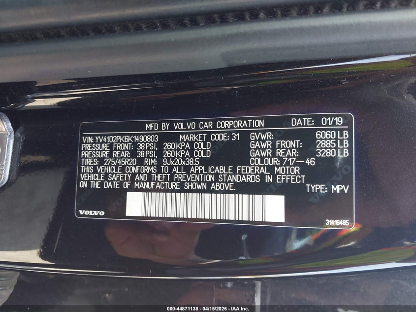 2019 Volvo Xc90 T5 Momentum VIN: YV4102PK6K1490803 Lot: 44871138