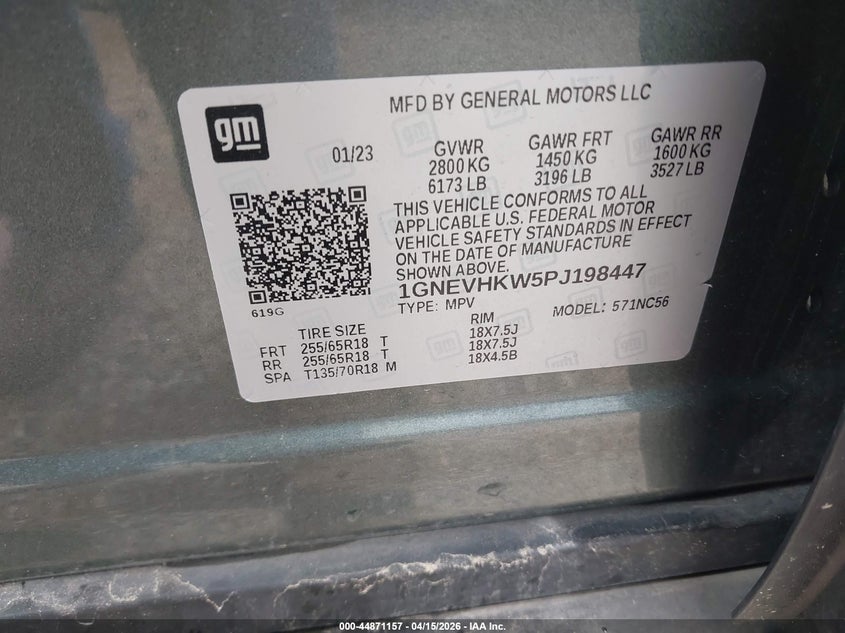 2023 Chevrolet Traverse Awd Lt Leather VIN: 1GNEVHKW5PJ198447 Lot: 44871157