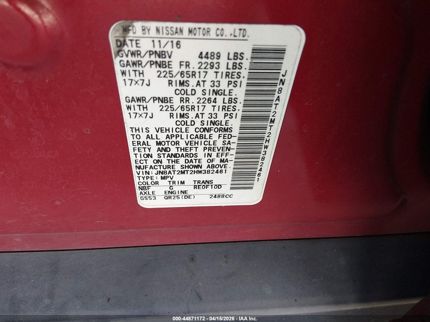 2017 Nissan Rogue S VIN: JN8AT2MT2HW382461 Lot: 44871172