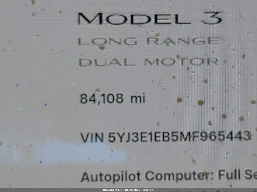 2021 Tesla Model 3 Long Range Dual Motor All-Wheel Drive VIN: 5YJ3E1EB5MF965443 Lot: 44871173