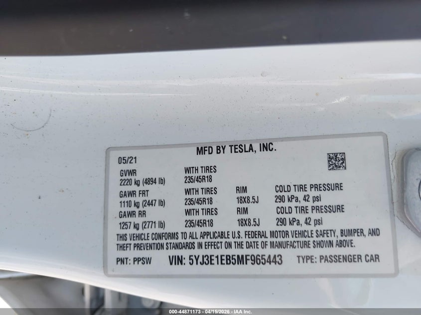 2021 Tesla Model 3 Long Range Dual Motor All-Wheel Drive VIN: 5YJ3E1EB5MF965443 Lot: 44871173