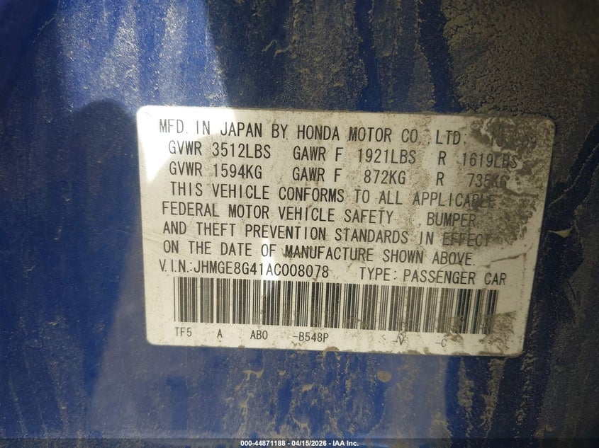 2010 Honda Fit Sport VIN: JHMGE8G41AC008078 Lot: 44871188