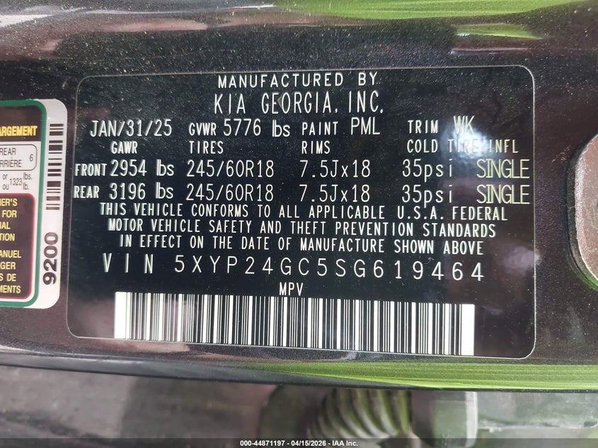 2025 Kia Telluride Lx VIN: 5XYP24GC5SG619464 Lot: 44871197