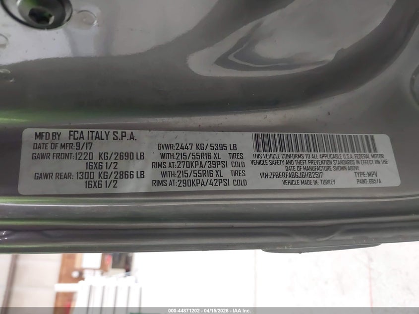 2018 Ram Promaster City Tradesman VIN: ZFBERFAB6J6H82517 Lot: 44871202