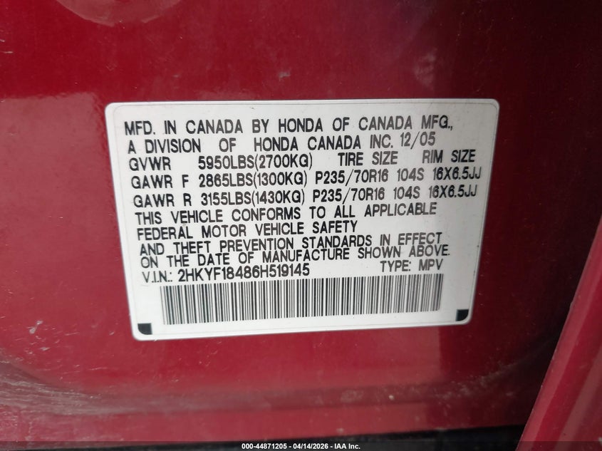 2006 Honda Pilot Ex VIN: 2HKYF18486H519145 Lot: 44871205