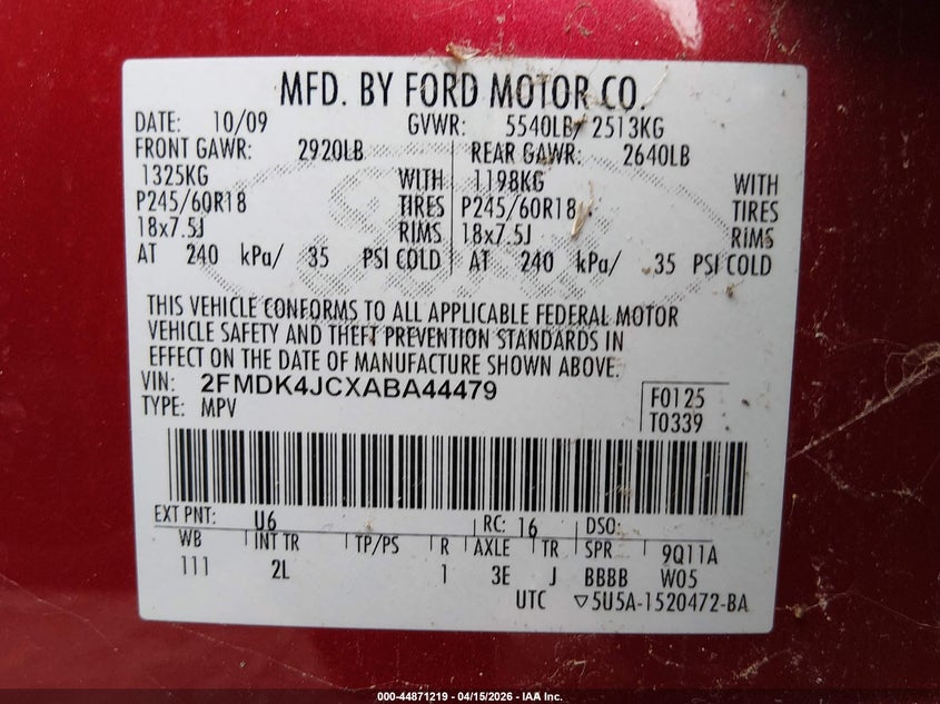 2010 Ford Edge Sel VIN: 2FMDK4JCXABA44479 Lot: 44871219