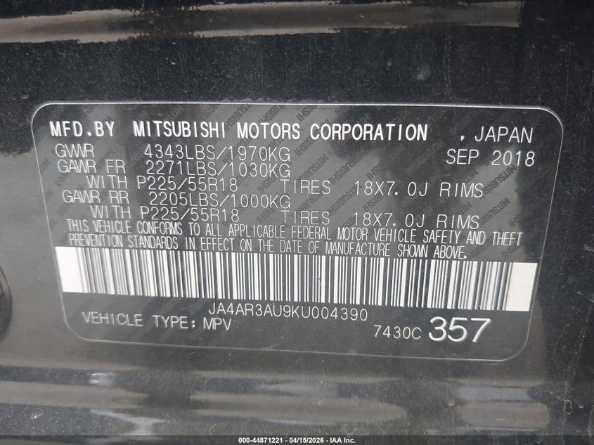 2019 Mitsubishi Outlander Sport 2.0 Se VIN: JA4AR3AU9KU004390 Lot: 44871221