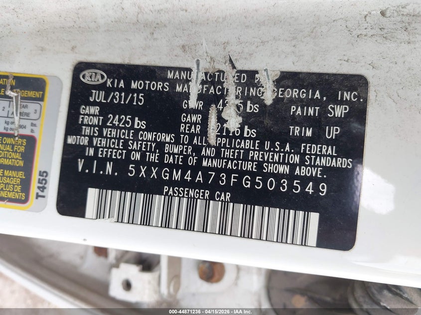 2015 Kia Optima Lx VIN: 5XXGM4A73FG503549 Lot: 44871236