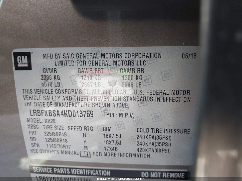 2019 Buick Envision Fwd Preferred VIN: LRBFXBSA4KD013769 Lot: 44871238