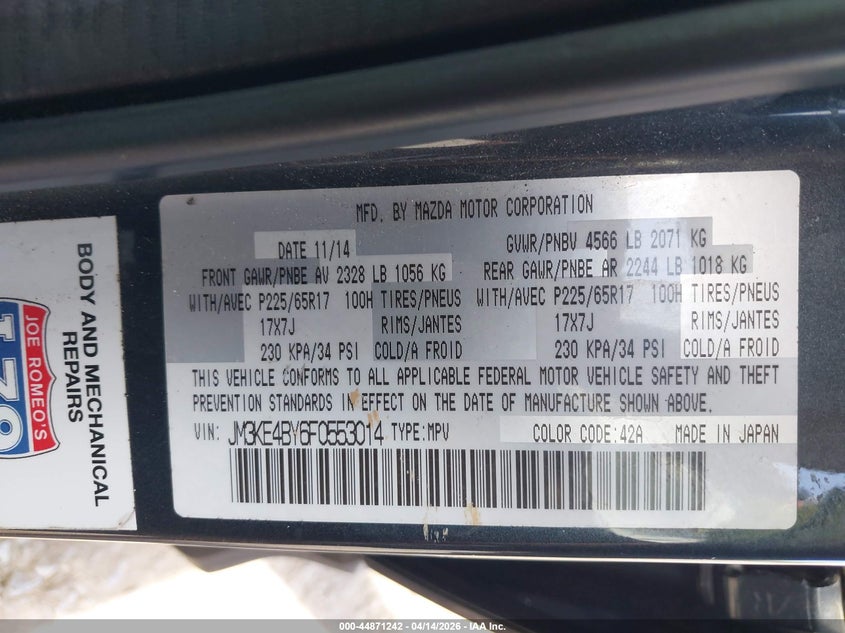 2015 Mazda Cx-5 Sport VIN: JM3KE4BY6F0553014 Lot: 44871242