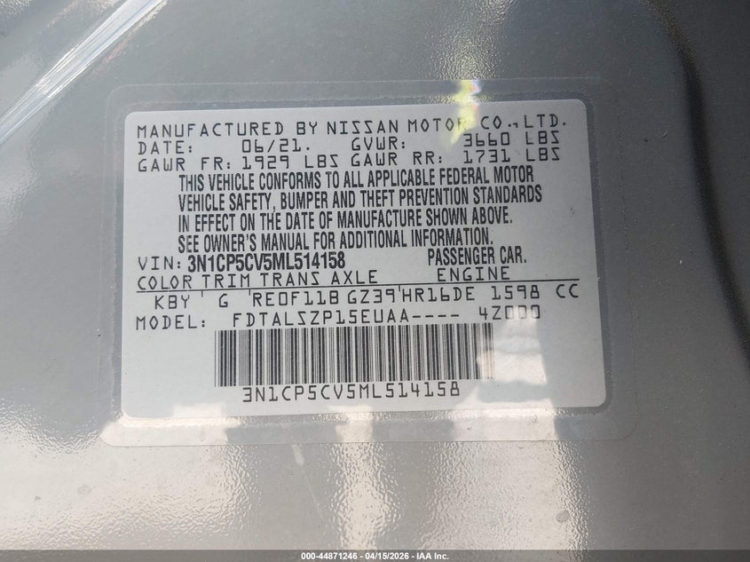 2021 Nissan Kicks Sv Xtronic Cvt VIN: 3N1CP5CV5ML514158 Lot: 44871246