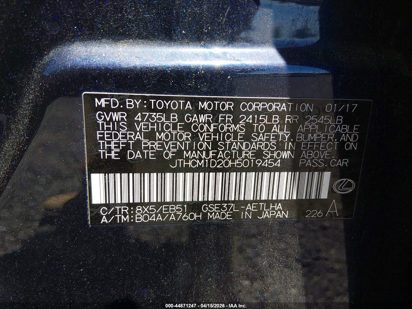 2017 Lexus Is 300 VIN: JTHCM1D20H5019454 Lot: 44871247