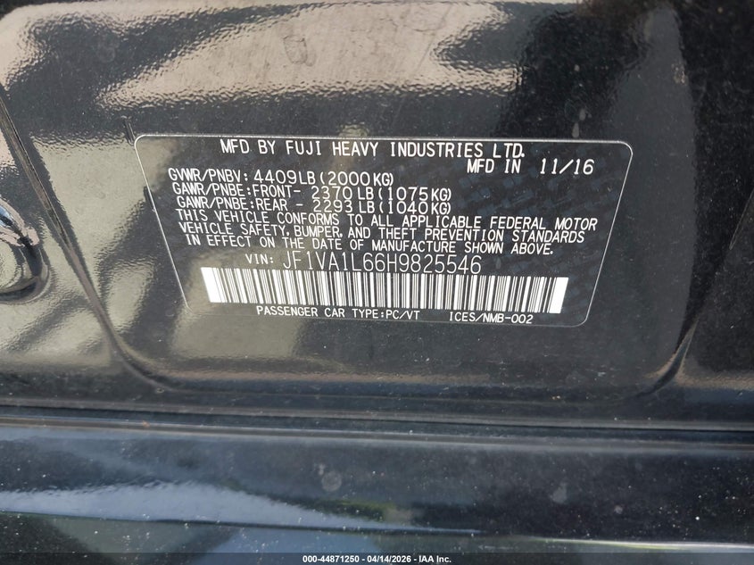 2017 Subaru Wrx Limited VIN: JF1VA1L66H9825546 Lot: 44871250