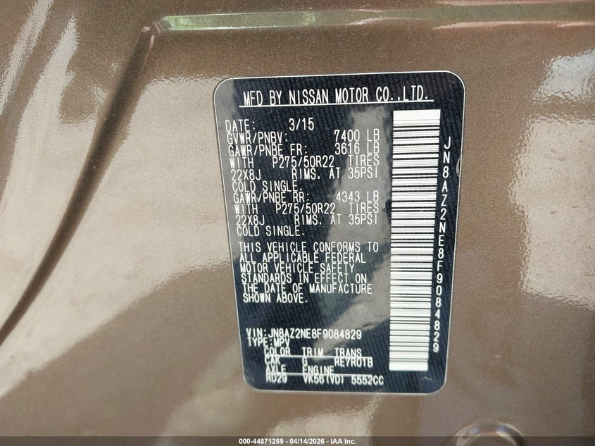 2015 Infiniti Qx80 Limited VIN: JN8AZ2NE8F9084829 Lot: 44871259