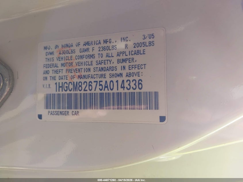 2005 Honda Accord Cpe Ex-L V6 VIN: 1HGCM82675A014336 Lot: 44871260
