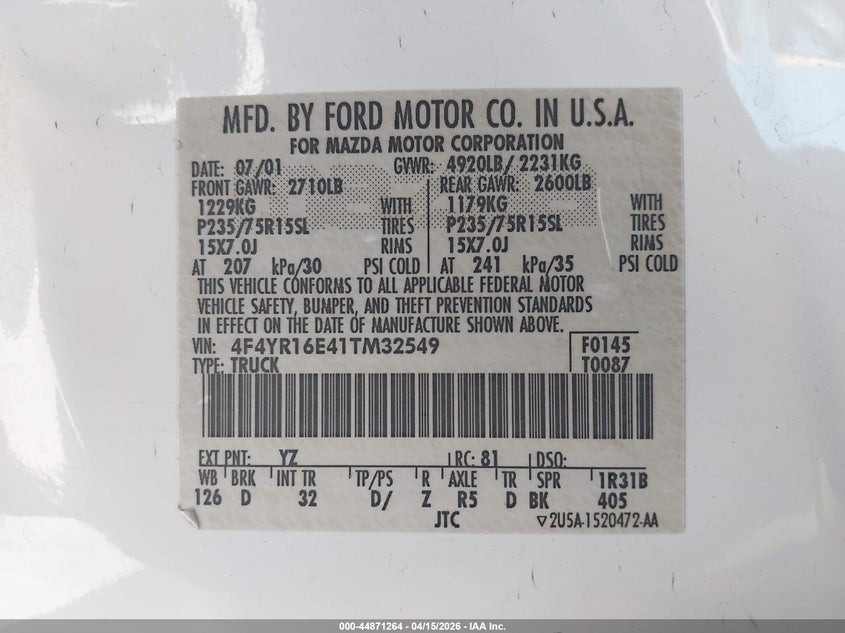 2001 Mazda B3000 Ds/Se VIN: 4F4YR16E41TM32549 Lot: 44871264