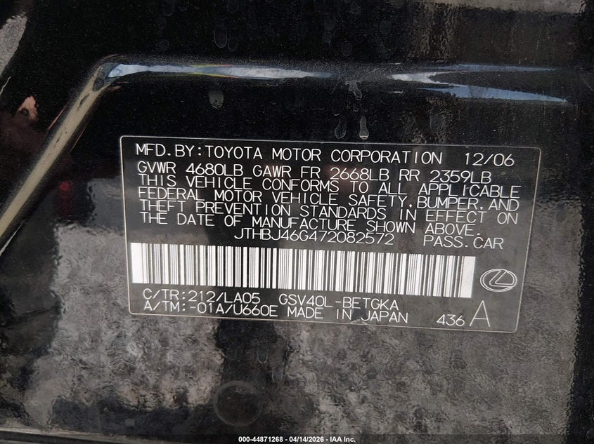 2007 Lexus Es 350 VIN: JTHBJ46G472082572 Lot: 44871268