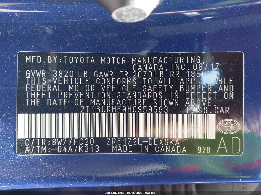 2017 Toyota Corolla Se VIN: 2T1BURHE9HC959593 Lot: 44871283