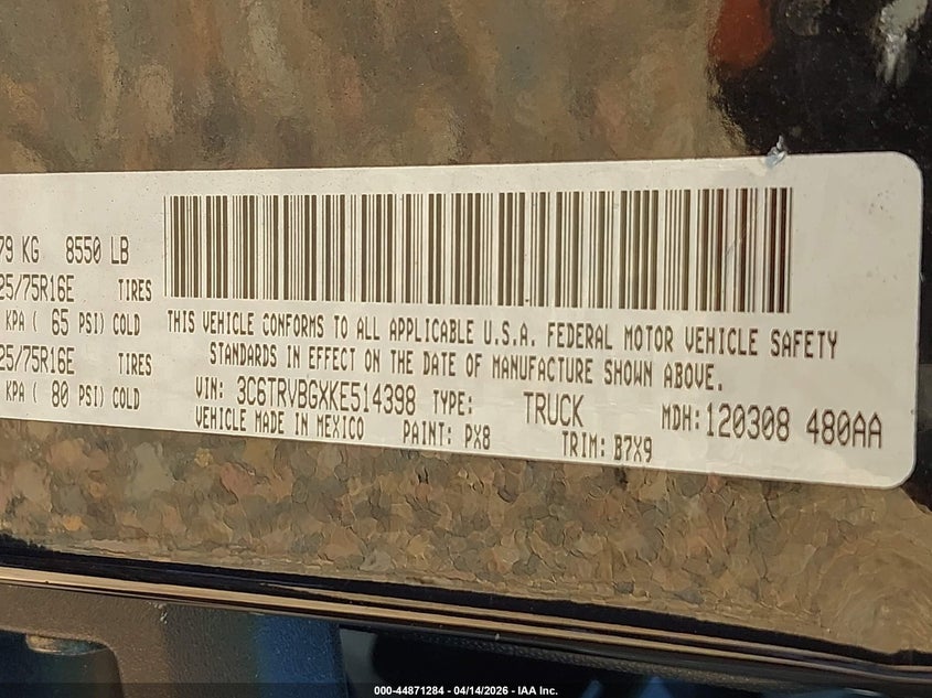 2019 Ram Promaster 1500 High Roof 136 Wb VIN: 3C6TRVBGXKE514398 Lot: 44871284