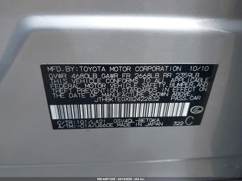 2011 Lexus Es 350 VIN: JTHBK1EGXB2422832 Lot: 44871285