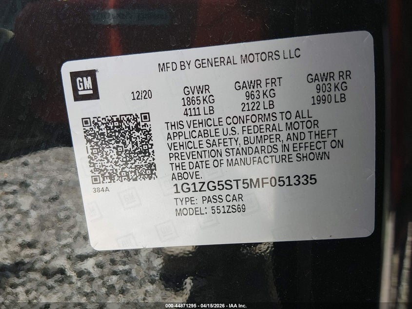 2021 Chevrolet Malibu Fwd Rs VIN: 1G1ZG5ST5MF051335 Lot: 44871295