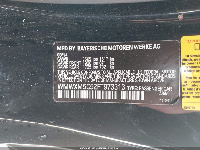 2015 Mini Hardtop Cooper VIN: WMWXM5C52FT973313 Lot: 44871300