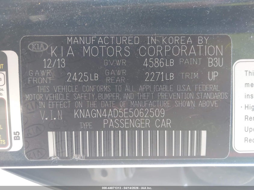 2014 Kia Optima Hybrid Ex VIN: KNAGN4AD5E5062509 Lot: 44871313