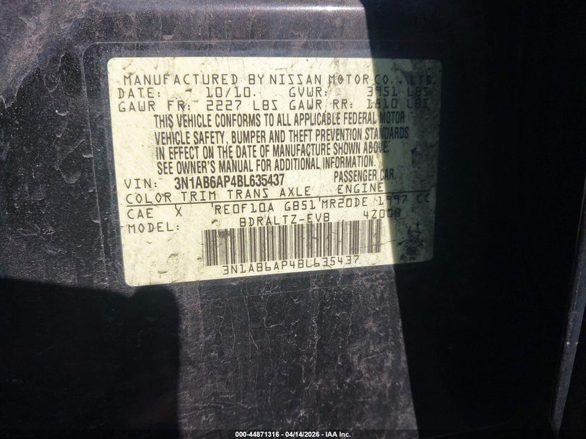 2011 Nissan Sentra 2.0S VIN: 3N1AB6AP4BL635437 Lot: 44871316