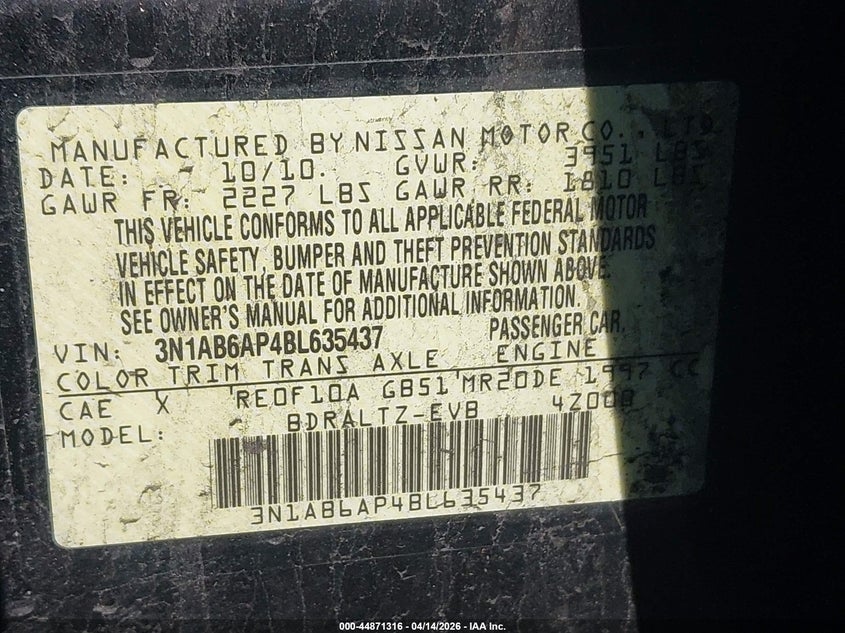 2011 Nissan Sentra 2.0S VIN: 3N1AB6AP4BL635437 Lot: 44871316