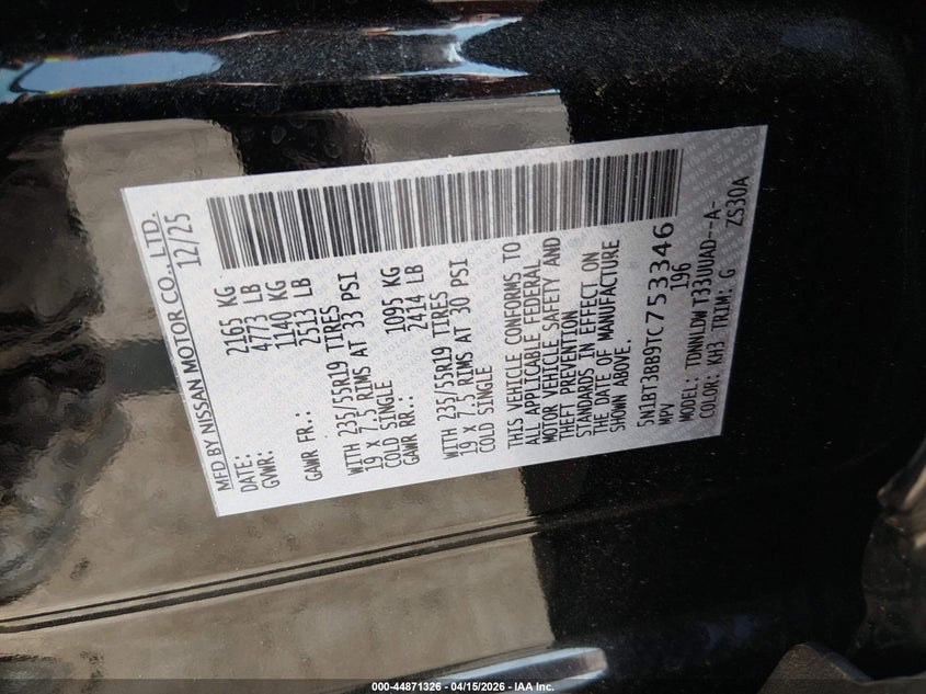 2026 Nissan Rogue Dark Armor VIN: 5N1BT3BB9TC753346 Lot: 44871326