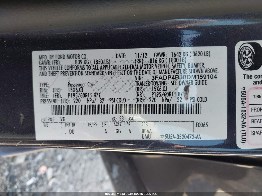 2013 Ford Fiesta Se VIN: 3FADP4BJ0DM159104 Lot: 44871333