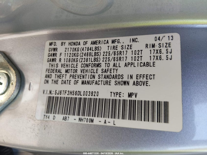 2013 Honda Crosstour Ex-L VIN: 5J6TF3H56DL003920 Lot: 44871335