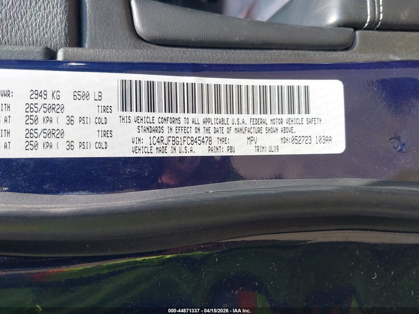 2015 Jeep Grand Cherokee Limited VIN: 1C4RJFBG1FC845478 Lot: 44871337