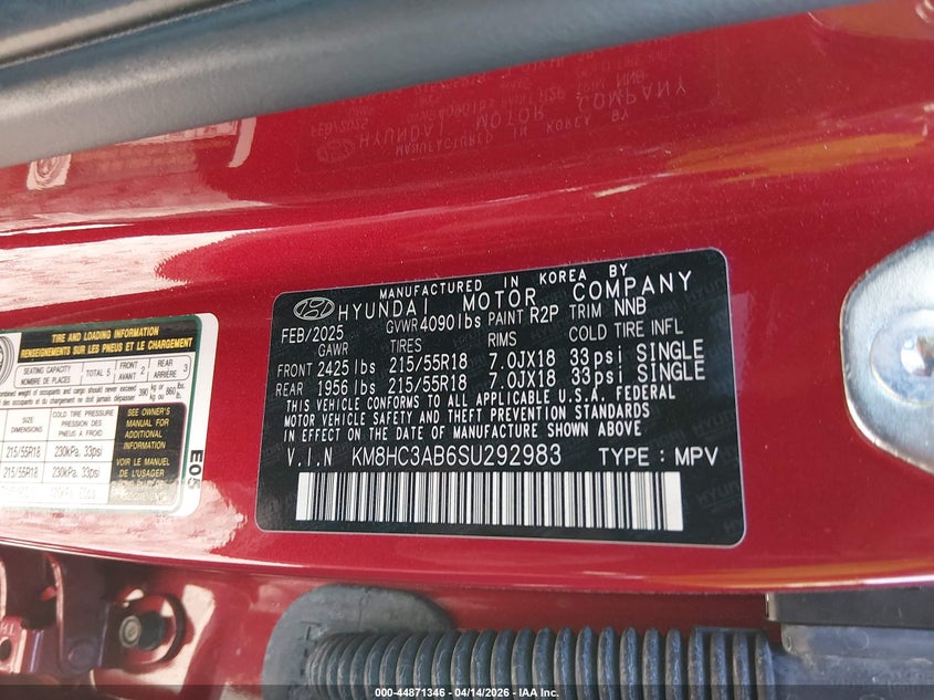 2025 Hyundai Kona Sel Convenience VIN: KM8HC3AB6SU292983 Lot: 44871346