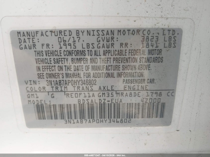 2017 Nissan Sentra Sv VIN: 3N1AB7AP0HY346802 Lot: 44871347