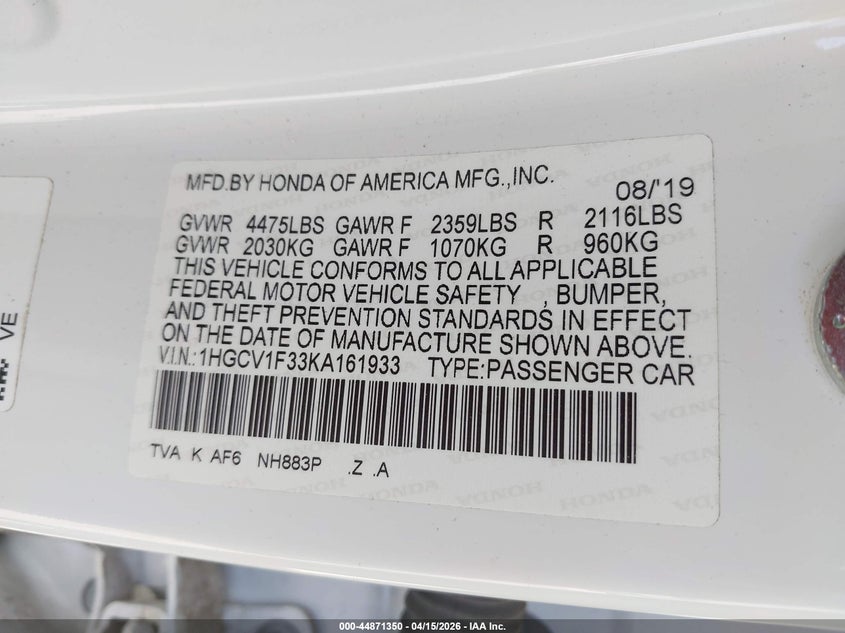 2019 Honda Accord Sport VIN: 1HGCV1F33KA161933 Lot: 44871350