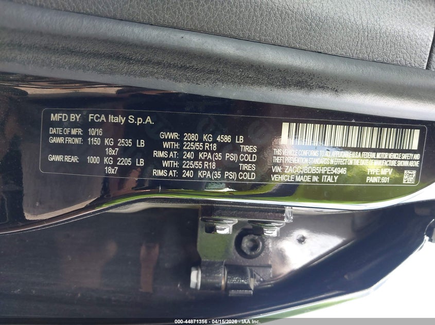 2017 Jeep Renegade Limited 4X4 VIN: ZACCJBDB5HPE54946 Lot: 44871356