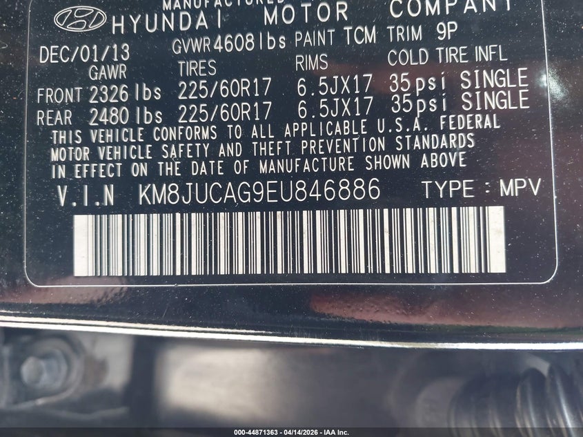 2014 Hyundai Tucson Se VIN: KM8JUCAG9EU846886 Lot: 44871363