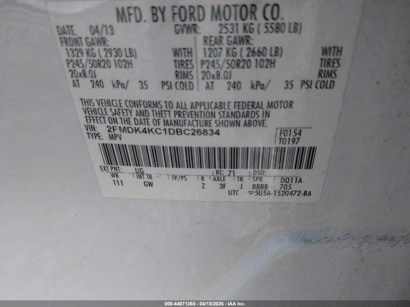 2013 Ford Edge Limited VIN: 2FMDK4KC1DBC26834 Lot: 44871365