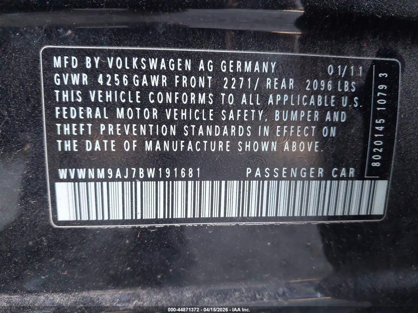 2011 Volkswagen Golf Tdi 4-Door VIN: WVWNM9AJ7BW191681 Lot: 44871372