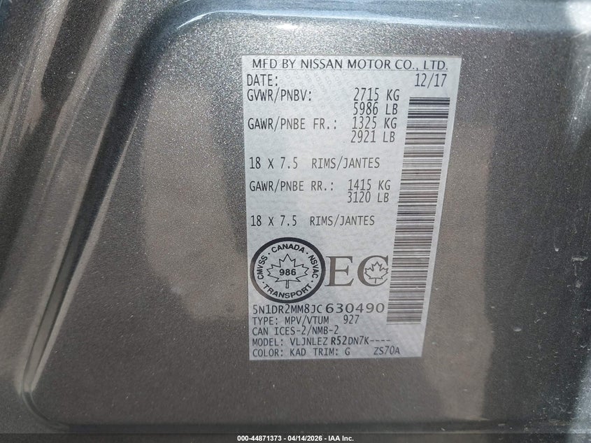 2018 Nissan Pathfinder Platinum/S/Sl/Sv VIN: 5N1DR2MM8JC630490 Lot: 44871373