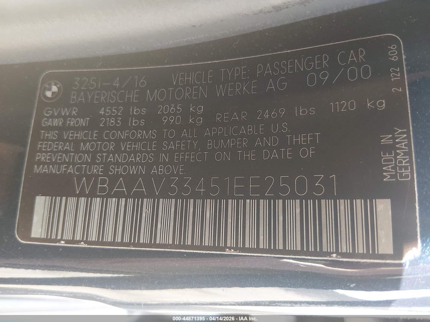 2001 BMW 325I VIN: WBAAV33451EE25031 Lot: 44871395