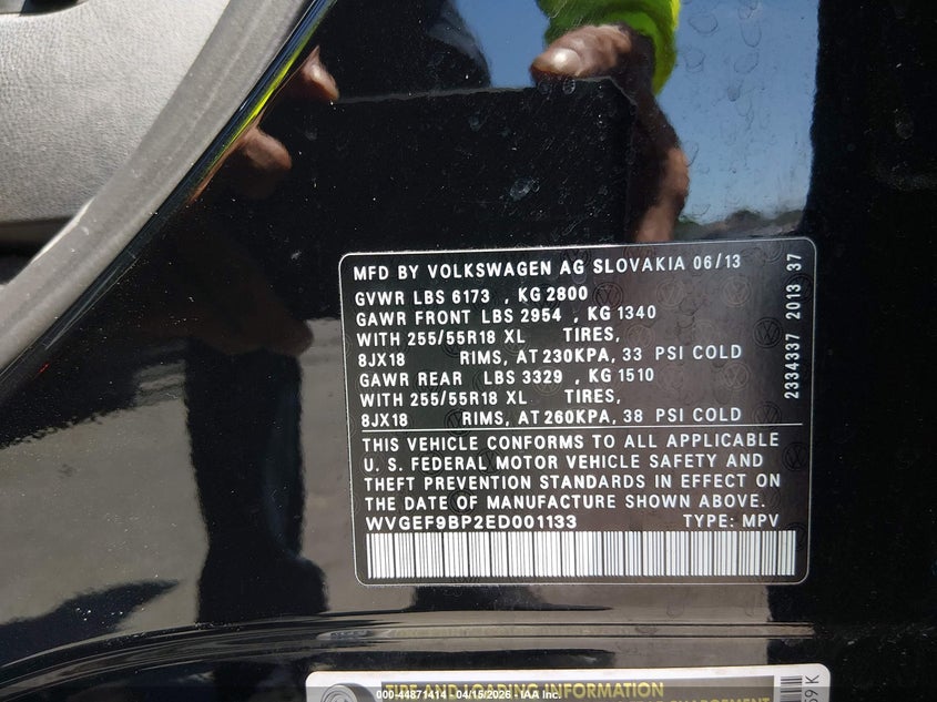 2014 Volkswagen Touareg 3.6L Sport VIN: WVGEF9BP2ED001133 Lot: 44871414