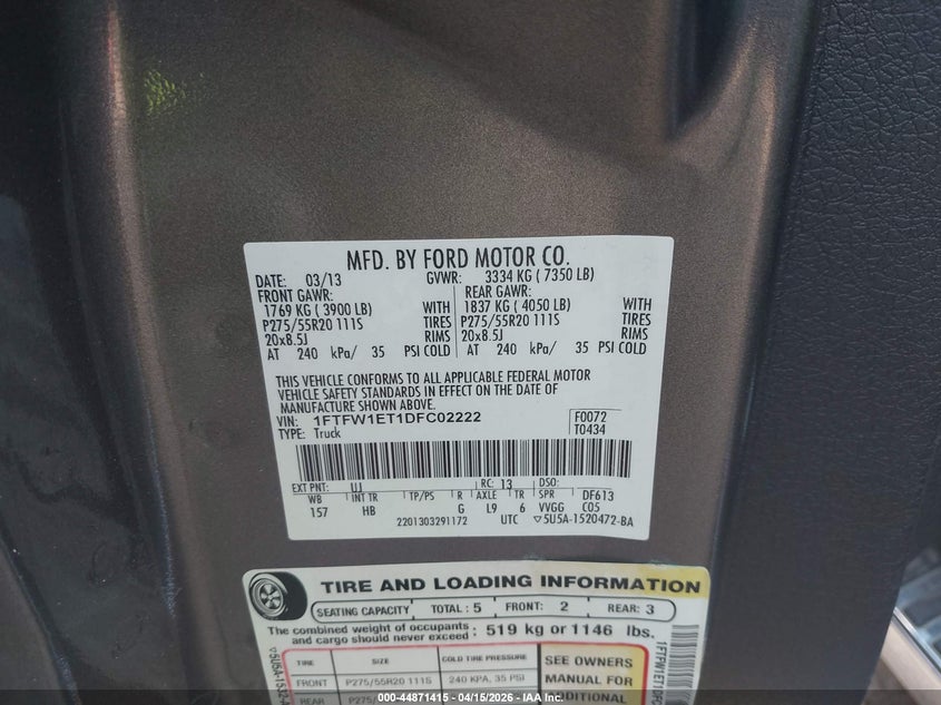 2013 Ford F-150 Lariat VIN: 1FTFW1ET1DFC02222 Lot: 44871415