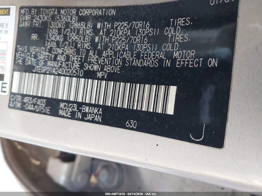 2004 Toyota Highlander V6 VIN: JTEGP21A240020510 Lot: 44871416