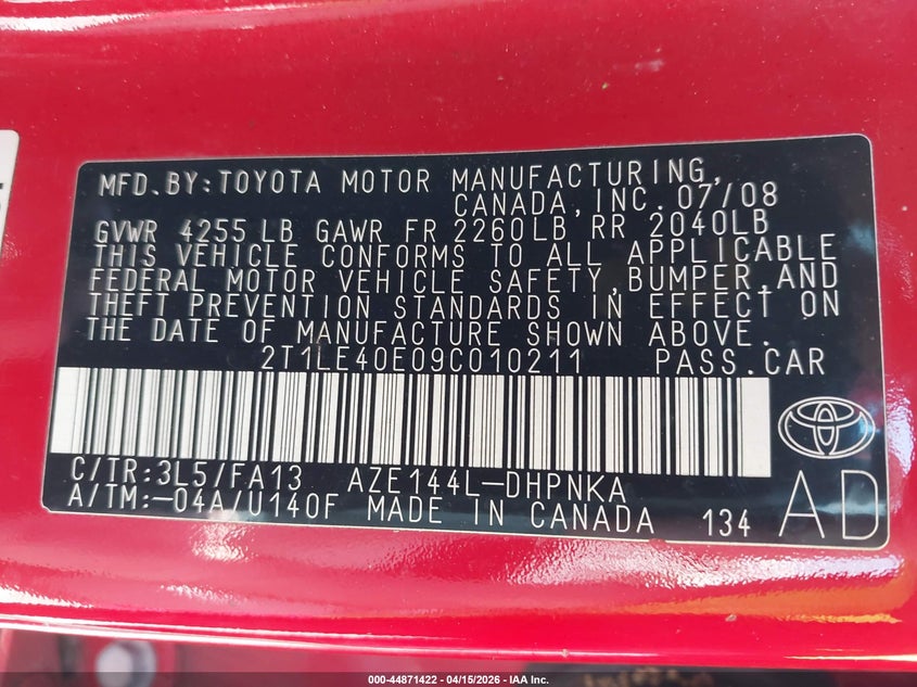 2009 Toyota Matrix S VIN: 2T1LE40E09C010211 Lot: 44871422