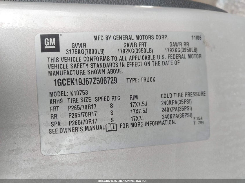 2007 Chevrolet Silverado 1500 Lt2 VIN: 1GCEK19J67Z506729 Lot: 44871435